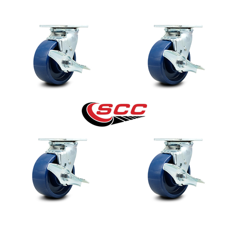 Service Caster 5 Inch Solid Polyurethane Swivel Caster Set with Ball Bearings and Brakes SCC SCC-30CS520-SPUB-TLB-4
